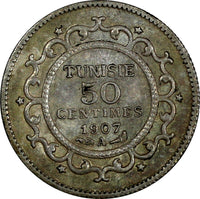 TUNISIA Muhammad V Silver AH1325 1907 50 Centimes 1st Year aUNC KM# 237 (974)