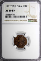 Russia Catherine II 1772 EM Polushka 1/4K. NGC XF40 BN TOP GRADED C# 55.3 (197)