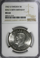 SWEDEN Silver 1962 U 5 Kronor NGC MS64 80th Birthday of Gustaf VI KM# 838  (019)