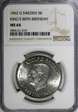 SWEDEN Silver 1962 U 5 Kronor NGC MS64 80th Birthday of Gustaf VI KM# 838  (019)