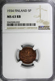 Finland Copper 1934 5 Penniä NGC MS63 RB TOP  GRADED BY NGC KM# 22 (032)