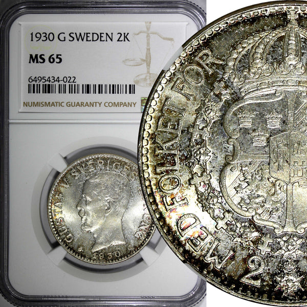 SWEDEN Gustaf V Silver 1930 G  2 Kronor NGC MS65 1 GRADED HIGHEST SCARCE KM# 787