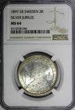 SWEDEN Silver Jubilee Oscar II 1897 EB 2 Kronor NGC MS64 KM# 762 (040)