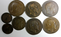 Great Britain LOT OF 8 COINS 1902-1908 1 Penny,1/2 Penny,6 Pence