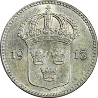 Sweden Gustaf V (1907-1950) Silver 1913 W 10 Öre  XF KM# 780 (22 084)