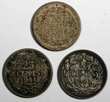 Netherlands Wilhelmina I SILVER LOT OF 3 Coins 1941 25 Cents KM# 164 (18 790)