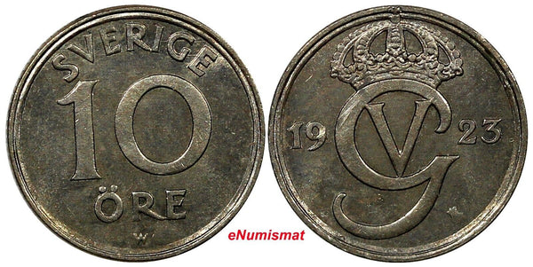 Sweden Gustaf V Nickel-Bronze 1923 W 10 Öre GEM BU KM# 795 (11 305)