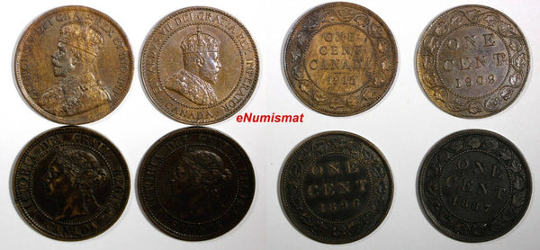 CANADA LOT OF 4 COINS 1887,1896,1909,1915 1 CENT KM# 7;KM# 21;KM#8 (14 724)