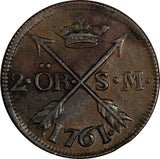Sweden Adolf Fredrik Copper 1761 2 Öre SM Mintage-422,000 33,7mm KM# 461 (176)