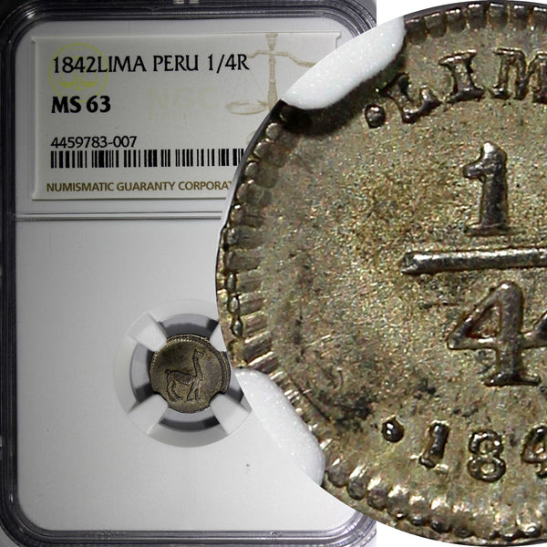 PERU Silver 1842 LIMA 1/4 Real NGC MS63 Light Toned TOP GRADED KM# 143.1 (007)