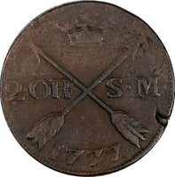 Sweden Gustaf III Copper 1777 SM 2 Ore  Small Date 33.5mm SCARCE KM# 518 (611)