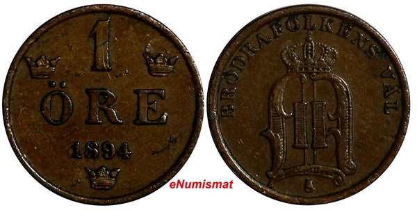 SWEDEN Oscar II 1894 1 Ore Mintage-590,000 Large Letters RARE DATE KM#750 (366)