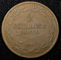 Sweden Oscar I Copper 1847 2 Skilling Banco 33.5 mm Mintage-115,000 KM#664 (565)