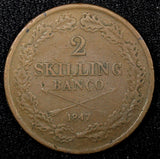 Sweden Oscar I Copper 1847 2 Skilling Banco 33.5 mm Mintage-115,000 KM#664 (565)