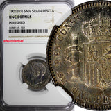 Spain Alfonso XIII SILVER 1901 (01) SMV Peseta NGC UNC DETAILS Toning KM# 706(2)