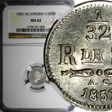 Sweden Oscar Silver 1852 AG 1/32 Riksdaler NGC MS62 Mint Luster KM# 681 (004)