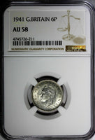 GREAT BRITAIN George VI Silver 1941 6 Pence NGC AU58  KM# 852