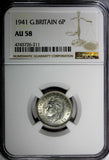 GREAT BRITAIN George VI Silver 1941 6 Pence NGC AU58  KM# 852