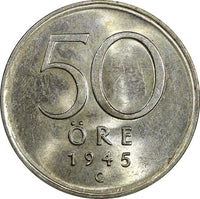 Sweden Gustaf V Silver 1945 G 50 Ore  WWII Issue GEM BU KM# 817 (008)