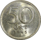 Sweden Gustaf V Silver 1945 G 50 Ore  WWII Issue GEM BU KM# 817 (008)