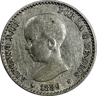 SPAIN Alfonso XIII Silver 1889 MP-M 50 Centimos Mintage-537,000 KM# 690 (14 739)