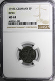 Germany-Empire Wilhelm II Iron 1915 E 5 Pfennig NGC MS63 WWI Muldenhütten KM19/2