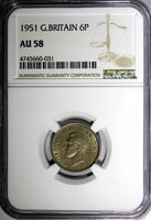 Great Britain George VI Copper-Nickel 1951 6 Pence NGC AU58 Toned KM# 875 (031)