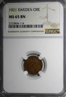 SWEDEN Gustaf V Bronze 1921 1 ORE NGC MS65 BN TOP GRADED BY  NGC KM# 777.2