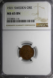 SWEDEN Gustaf V Bronze 1921 1 ORE NGC MS65 BN TOP GRADED BY  NGC KM# 777.2