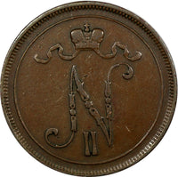 Finland Nicholas II Copper 1905 10 Penniä Mintage-500,000 KM# 14 (20 894)