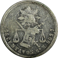 MEXICO Silver 1875/4 Go S 25 Centavos OVERDATE Guanajuato Mint KM#406.5 (19 124)