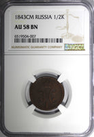 RUSSIA  Nicholas I Copper 1843 CM 1/2 Kopek Suzun Mint NGC AU58 BN C# 143.4 (07)