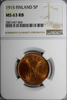 Finland Russian Tsar Nicolas II (1895-1917) 1915 5 Pennia NGC MS63 RB KM# 15/065