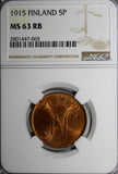 Finland Russian Tsar Nicolas II (1895-1917) 1915 5 Pennia NGC MS63 RB KM# 15/065