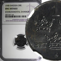 Sweden Gustaf V Iron 1948 1 Ore NGC UNC DETAILS KM# 810 (166)