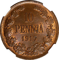 FINLAND RUSSIAN NICHOLAS II Copper 1917 10 Pennia NGC MS63 RB LAST YEAR KM#14(1)