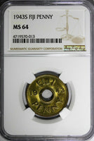 Fiji George VI Brass 1943 S 1 Penny NGC MS64 WWII Emergency Issue KM# 7a