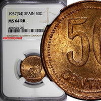 SPAIN II Republic Copper 1937 (34) 50 Centimos NGC MS64 RB KEY DATE KM#754.1 (2)