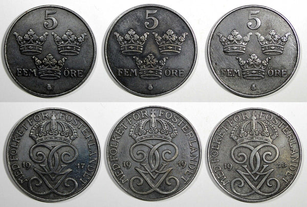 Sweden Gustaf V Iron LOT OF 3 COINS 1917,1918 1919 5 Öre World War I KM# 791 (6)