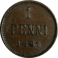 Finland Alexander III Copper 1891 1 Penni  ch XF KM# 10 (15 082)