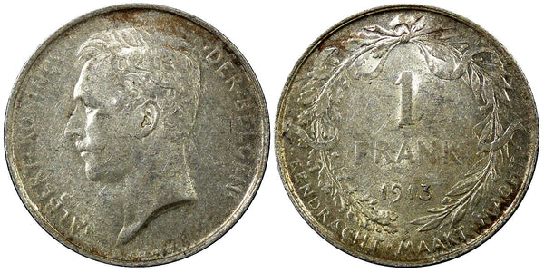 Belgium Albert I Silver 1913 1 Franc Dutch 23 mm High Grade KM# 73.1 (22 219)