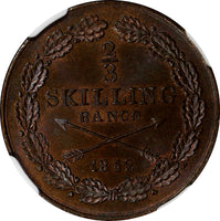 Sweden Oscar I 1852 2/3 Skilling NGC MS63 BN TOP GRADED Mint-297 KM# 663 (64)