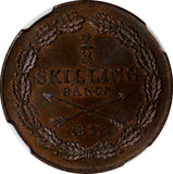 Sweden Oscar I 1852 2/3 Skilling NGC MS63 BN TOP GRADED Mint-297 KM# 663 (64)