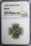 Norway Haakon VII Copper-Nickel 1948 50 Ore NGC MS63 KM# 386 (066)