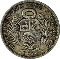 Peru Silver 1916 FG 1/5 Sol Mintage-425,000 "LIBERTAD" KM# 205.2 (19 389)