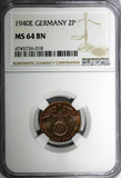 Germany-Third Reich Bronze 1940 E 2 Reichspfennig NGC MS64 BN KEY DATE KM#90(18)