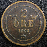 Sweden Oscar II Copper 1880 2 Ore  KM# 746   (23 140)