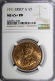 Jersey George V Bronze 1911 1/12 Shilling NGC MS65+ RB TOP GRADED KM# 12 (028)