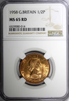 Great Britain Elizabeth II Bronze 1958 1/2 Penny NGC MS65 RD FULL RED KM#896 (4)