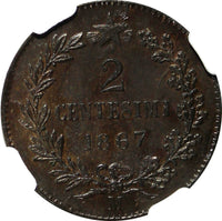 Italy Vittorio Emanuele II Copper 1867-M 2 Centesimi NGC MS61 BN KM# 2.1 (040)
